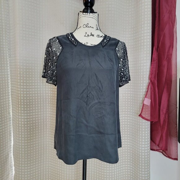 Rebecca Taylor 100% Silk Black Top with Embellished Sleeves - Size 4 - Picture 13 of 13